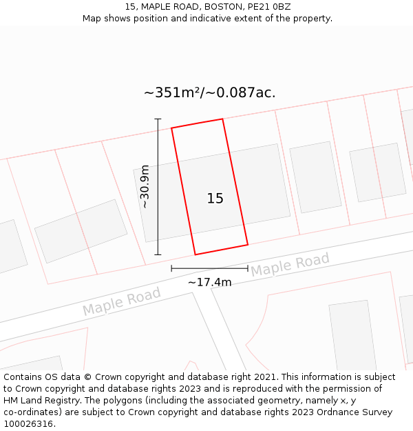 15, MAPLE ROAD, BOSTON, PE21 0BZ: Plot and title map