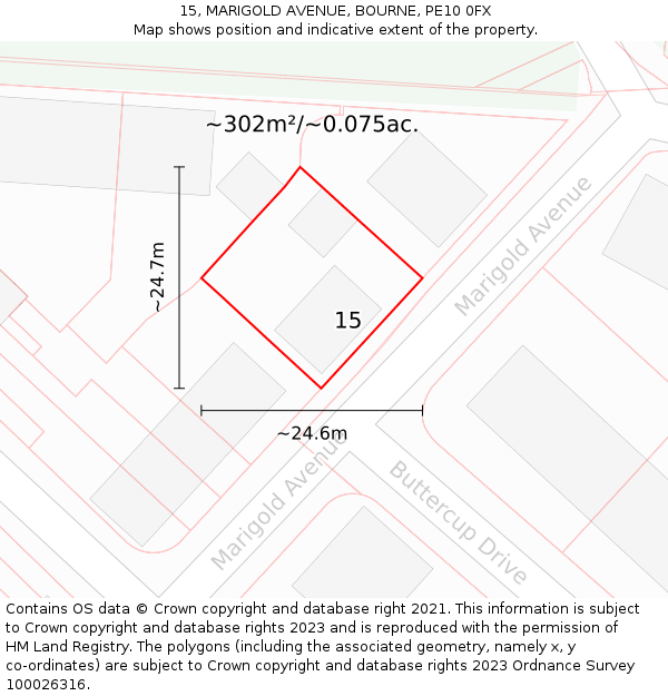 15, MARIGOLD AVENUE, BOURNE, PE10 0FX: Plot and title map