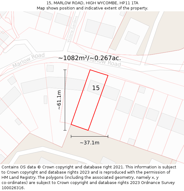 15, MARLOW ROAD, HIGH WYCOMBE, HP11 1TA: Plot and title map