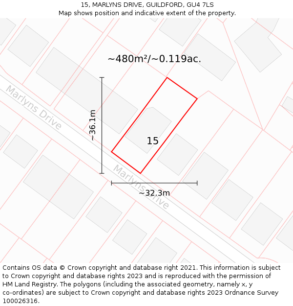 15, MARLYNS DRIVE, GUILDFORD, GU4 7LS: Plot and title map