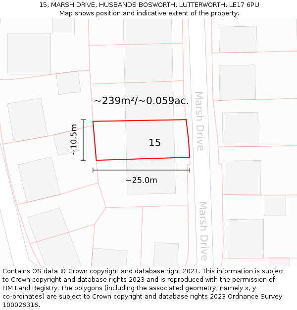 15, MARSH DRIVE, HUSBANDS BOSWORTH, LUTTERWORTH, LE17 6PU: Plot and title map