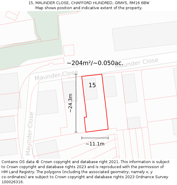 15, MAUNDER CLOSE, CHAFFORD HUNDRED, GRAYS, RM16 6BW: Plot and title map