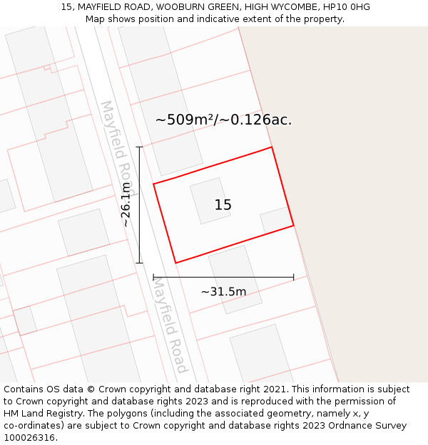 15, MAYFIELD ROAD, WOOBURN GREEN, HIGH WYCOMBE, HP10 0HG: Plot and title map