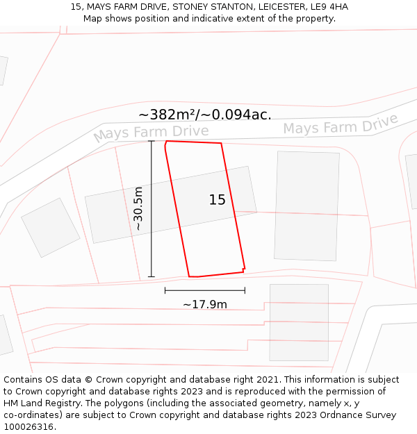 15, MAYS FARM DRIVE, STONEY STANTON, LEICESTER, LE9 4HA: Plot and title map