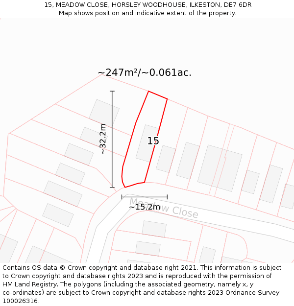 15, MEADOW CLOSE, HORSLEY WOODHOUSE, ILKESTON, DE7 6DR: Plot and title map