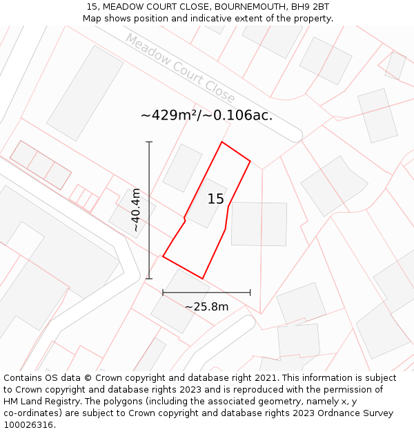15, MEADOW COURT CLOSE, BOURNEMOUTH, BH9 2BT: Plot and title map