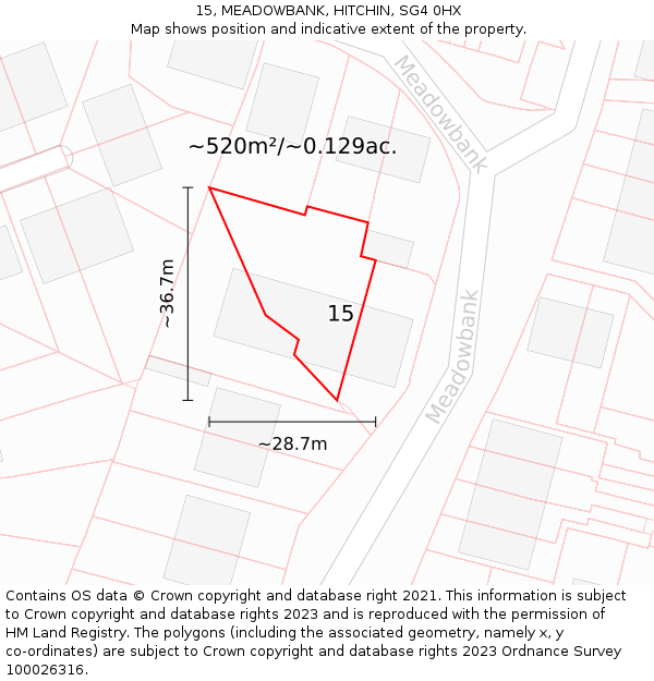 15, MEADOWBANK, HITCHIN, SG4 0HX: Plot and title map