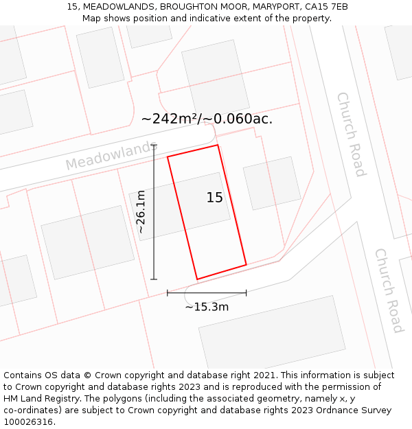 15, MEADOWLANDS, BROUGHTON MOOR, MARYPORT, CA15 7EB: Plot and title map