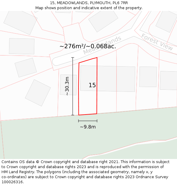 15, MEADOWLANDS, PLYMOUTH, PL6 7RR: Plot and title map