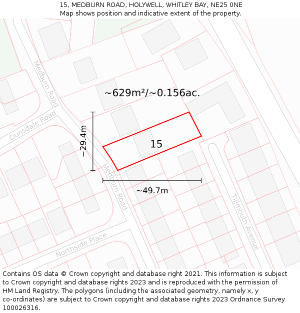 15, MEDBURN ROAD, HOLYWELL, WHITLEY BAY, NE25 0NE: Plot and title map