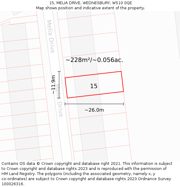 15, MELIA DRIVE, WEDNESBURY, WS10 0QE: Plot and title map