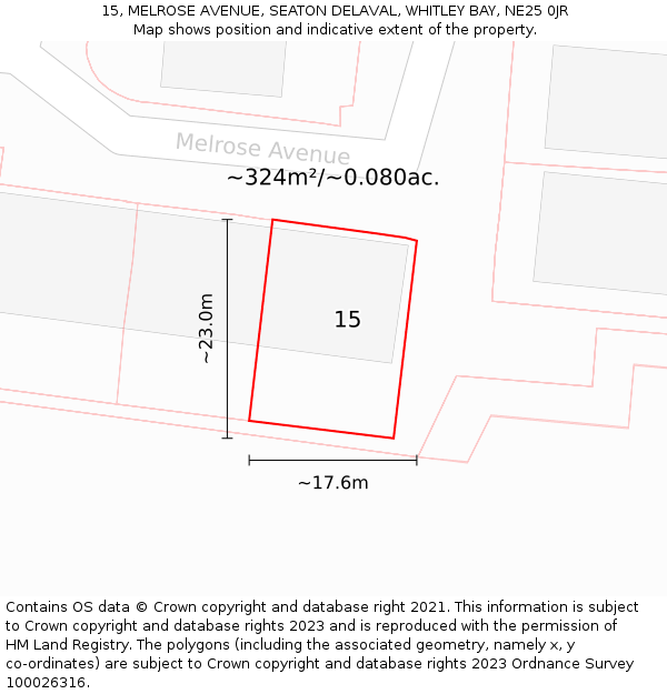 15, MELROSE AVENUE, SEATON DELAVAL, WHITLEY BAY, NE25 0JR: Plot and title map