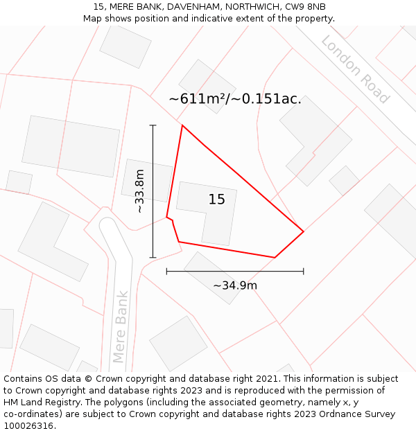 15, MERE BANK, DAVENHAM, NORTHWICH, CW9 8NB: Plot and title map