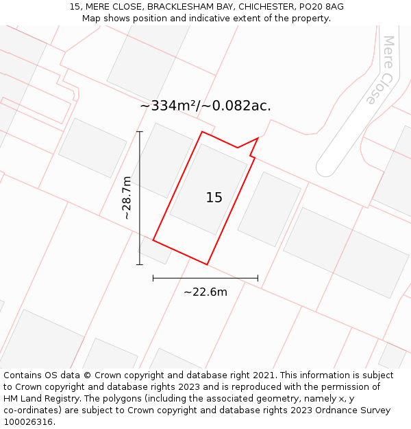 15, MERE CLOSE, BRACKLESHAM BAY, CHICHESTER, PO20 8AG: Plot and title map