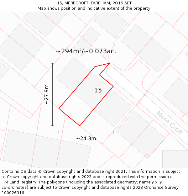 15, MERECROFT, FAREHAM, PO15 5ET: Plot and title map