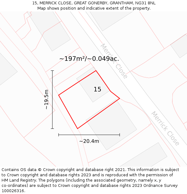 15, MERRICK CLOSE, GREAT GONERBY, GRANTHAM, NG31 8NL: Plot and title map