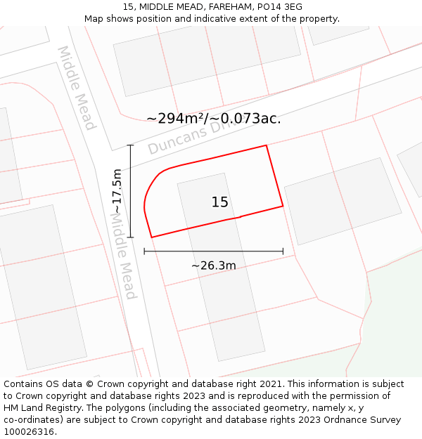 15, MIDDLE MEAD, FAREHAM, PO14 3EG: Plot and title map