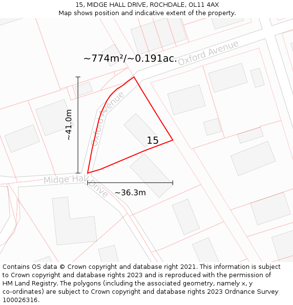 15, MIDGE HALL DRIVE, ROCHDALE, OL11 4AX: Plot and title map