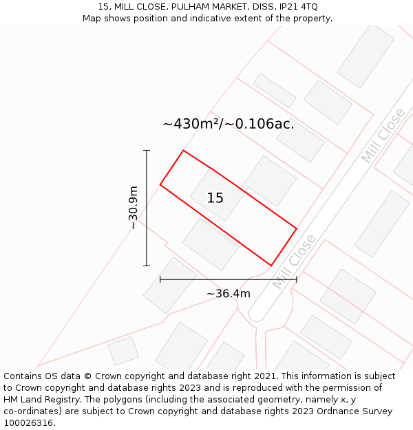 15, MILL CLOSE, PULHAM MARKET, DISS, IP21 4TQ: Plot and title map