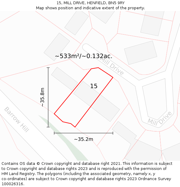15, MILL DRIVE, HENFIELD, BN5 9RY: Plot and title map