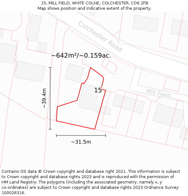 15, MILL FIELD, WHITE COLNE, COLCHESTER, CO6 2FB: Plot and title map