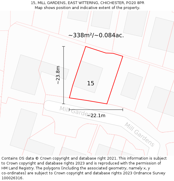 15, MILL GARDENS, EAST WITTERING, CHICHESTER, PO20 8PR: Plot and title map