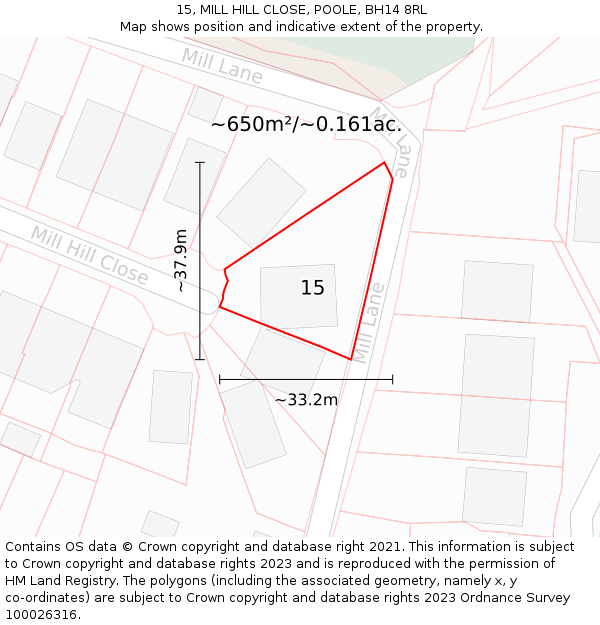 15, MILL HILL CLOSE, POOLE, BH14 8RL: Plot and title map