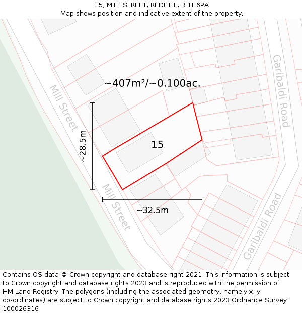 15, MILL STREET, REDHILL, RH1 6PA: Plot and title map