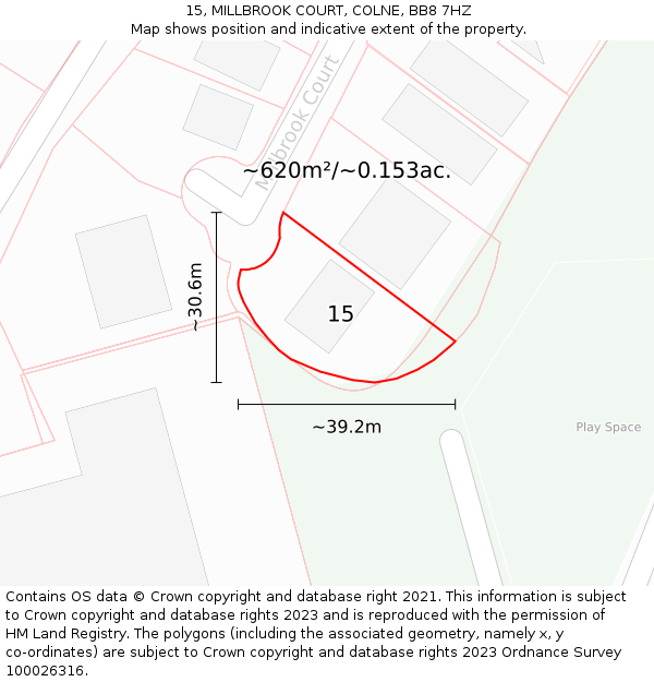 15, MILLBROOK COURT, COLNE, BB8 7HZ: Plot and title map