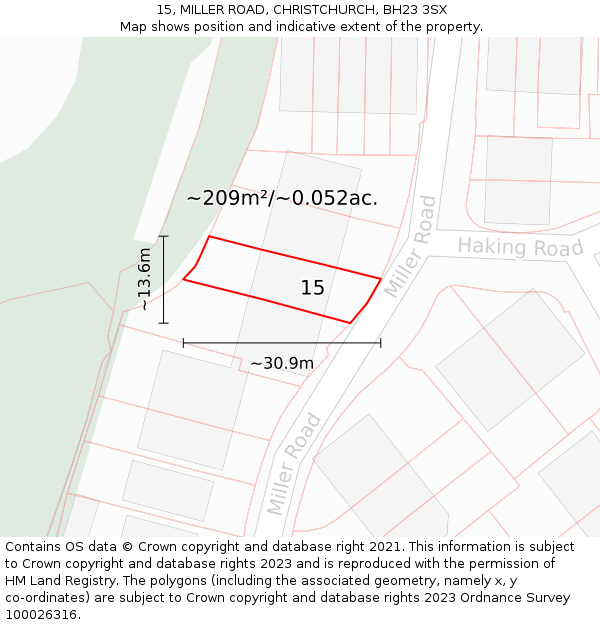 15, MILLER ROAD, CHRISTCHURCH, BH23 3SX: Plot and title map
