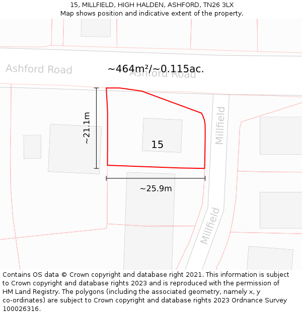 15, MILLFIELD, HIGH HALDEN, ASHFORD, TN26 3LX: Plot and title map