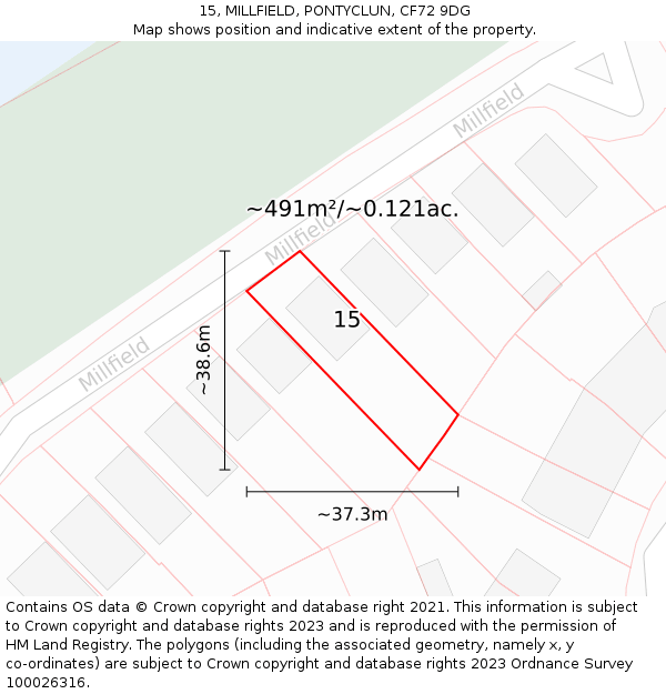 15, MILLFIELD, PONTYCLUN, CF72 9DG: Plot and title map