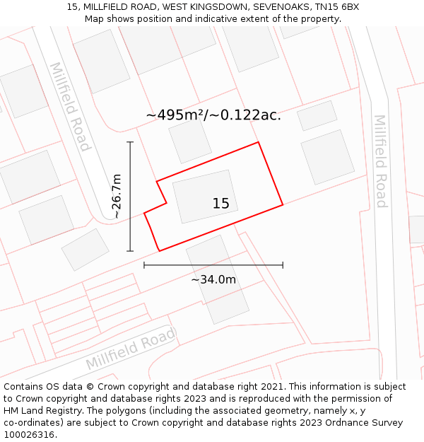 15, MILLFIELD ROAD, WEST KINGSDOWN, SEVENOAKS, TN15 6BX: Plot and title map