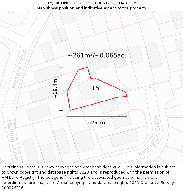 15, MILLINGTON CLOSE, PRENTON, CH43 3HA: Plot and title map