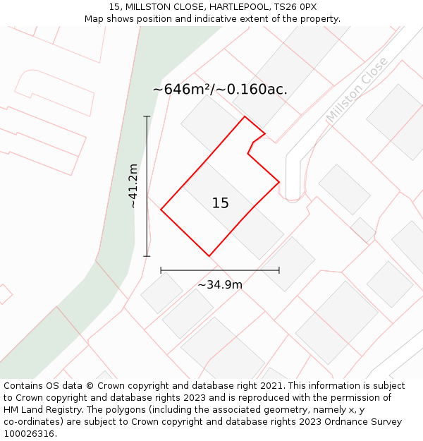 15, MILLSTON CLOSE, HARTLEPOOL, TS26 0PX: Plot and title map