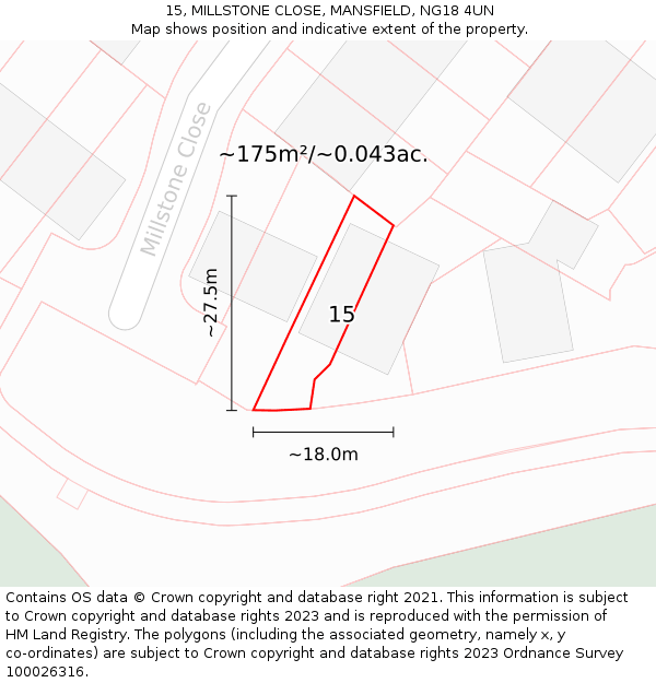 15, MILLSTONE CLOSE, MANSFIELD, NG18 4UN: Plot and title map