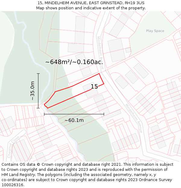 15, MINDELHEIM AVENUE, EAST GRINSTEAD, RH19 3US: Plot and title map