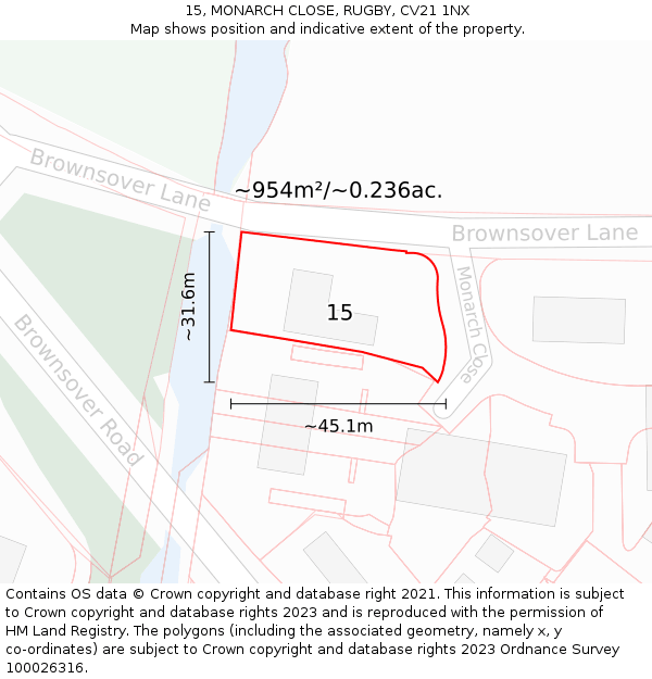 15, MONARCH CLOSE, RUGBY, CV21 1NX: Plot and title map