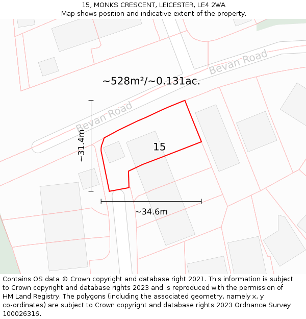 15, MONKS CRESCENT, LEICESTER, LE4 2WA: Plot and title map