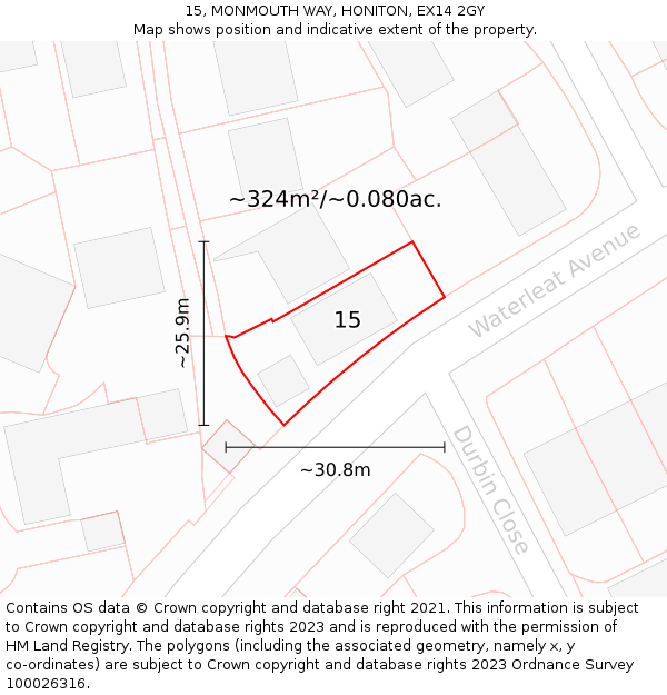 15, MONMOUTH WAY, HONITON, EX14 2GY: Plot and title map