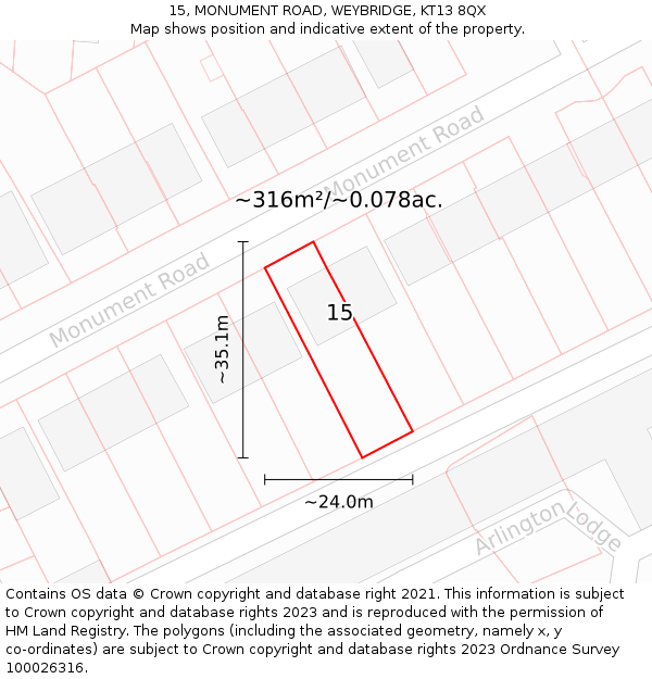 15, MONUMENT ROAD, WEYBRIDGE, KT13 8QX: Plot and title map