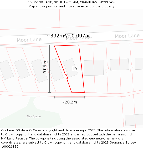 15, MOOR LANE, SOUTH WITHAM, GRANTHAM, NG33 5PW: Plot and title map