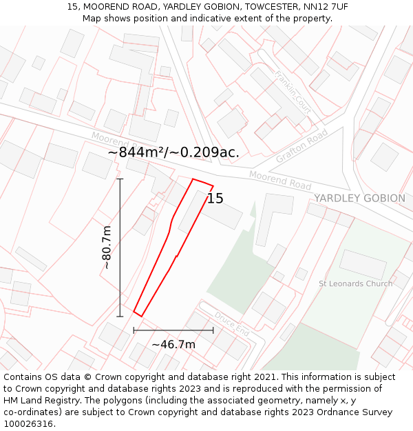 15, MOOREND ROAD, YARDLEY GOBION, TOWCESTER, NN12 7UF: Plot and title map