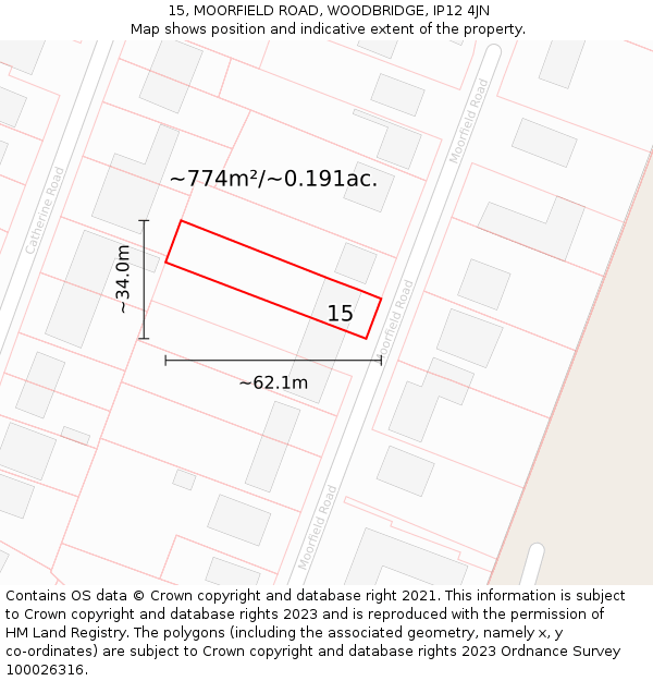 15, MOORFIELD ROAD, WOODBRIDGE, IP12 4JN: Plot and title map