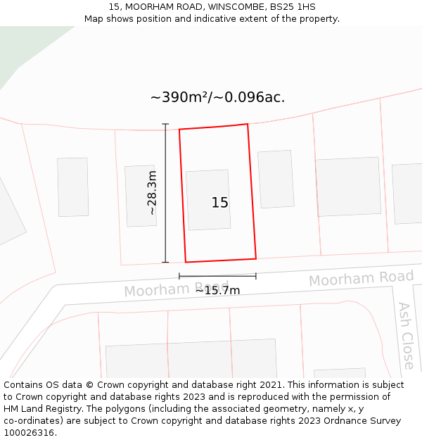 15, MOORHAM ROAD, WINSCOMBE, BS25 1HS: Plot and title map