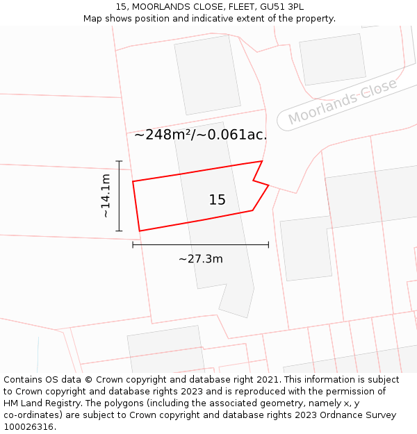 15, MOORLANDS CLOSE, FLEET, GU51 3PL: Plot and title map