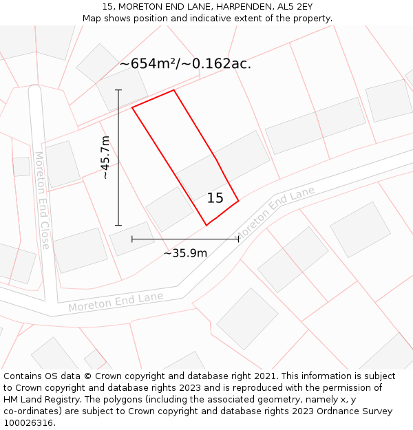 15, MORETON END LANE, HARPENDEN, AL5 2EY: Plot and title map