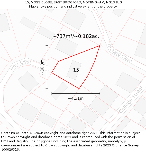 15, MOSS CLOSE, EAST BRIDGFORD, NOTTINGHAM, NG13 8LG: Plot and title map