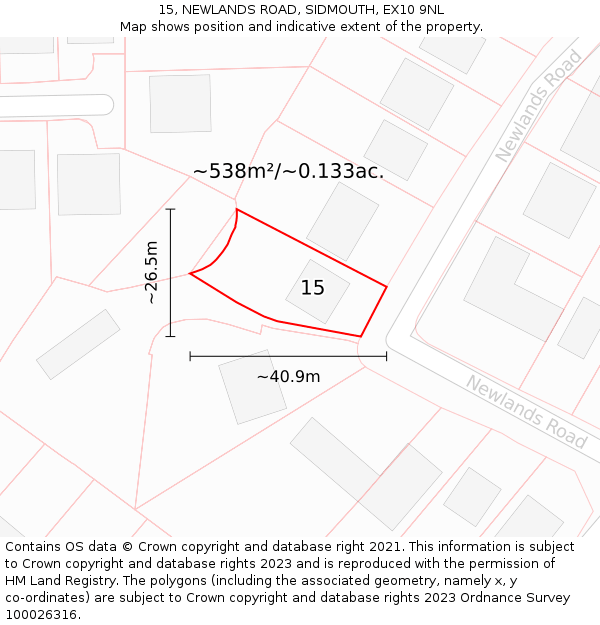15, NEWLANDS ROAD, SIDMOUTH, EX10 9NL: Plot and title map
