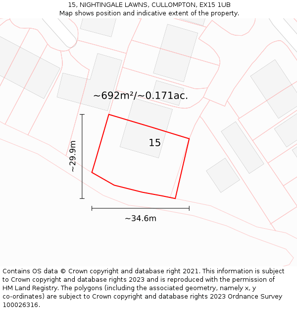 15, NIGHTINGALE LAWNS, CULLOMPTON, EX15 1UB: Plot and title map